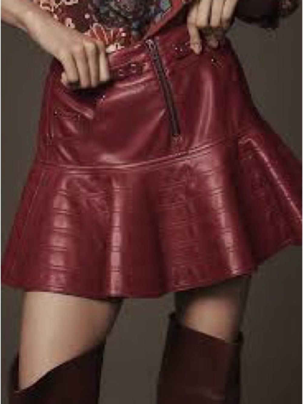 Like New Anthropologie Pilcro Fit And Flare Faux Leather Burgundy Mini Skirt